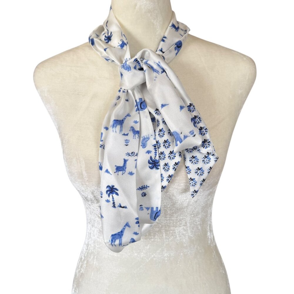 Women's blue and white safari animal print silk scarf/tie